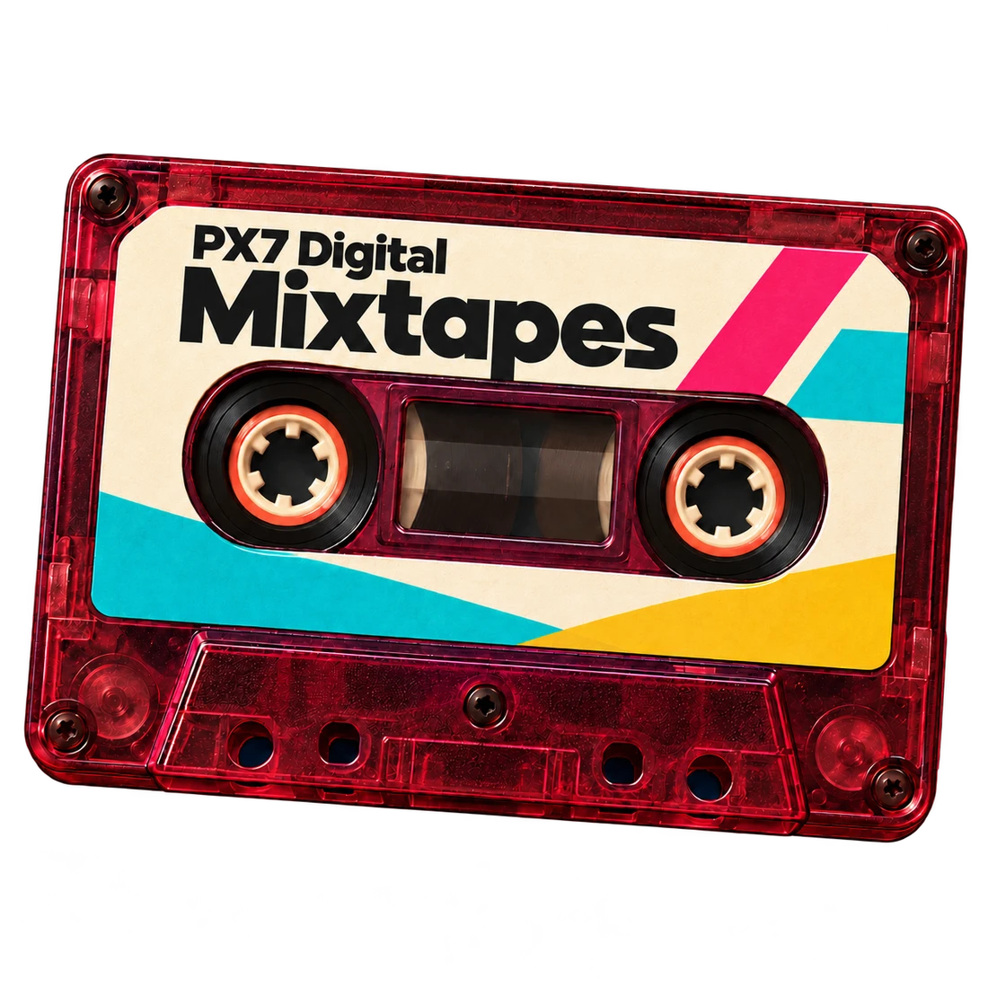 The red PX7 Digital Mixtapes cassette, with a cream, pink, turquoise and yellow label.